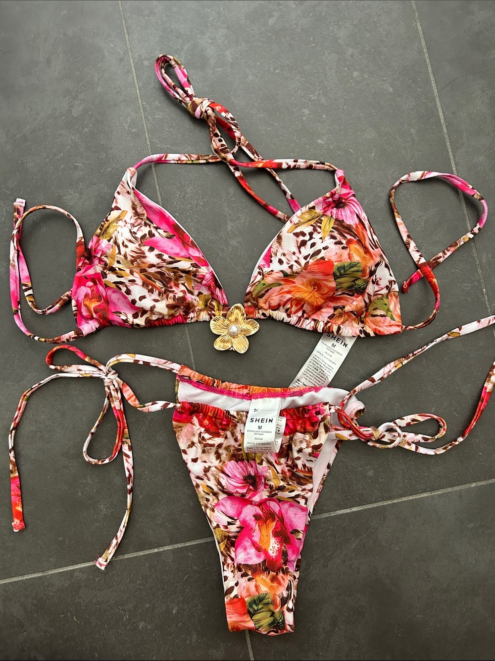 SHEIN Pink & Orange Floral Tie Bikini with Gold Flower Charm